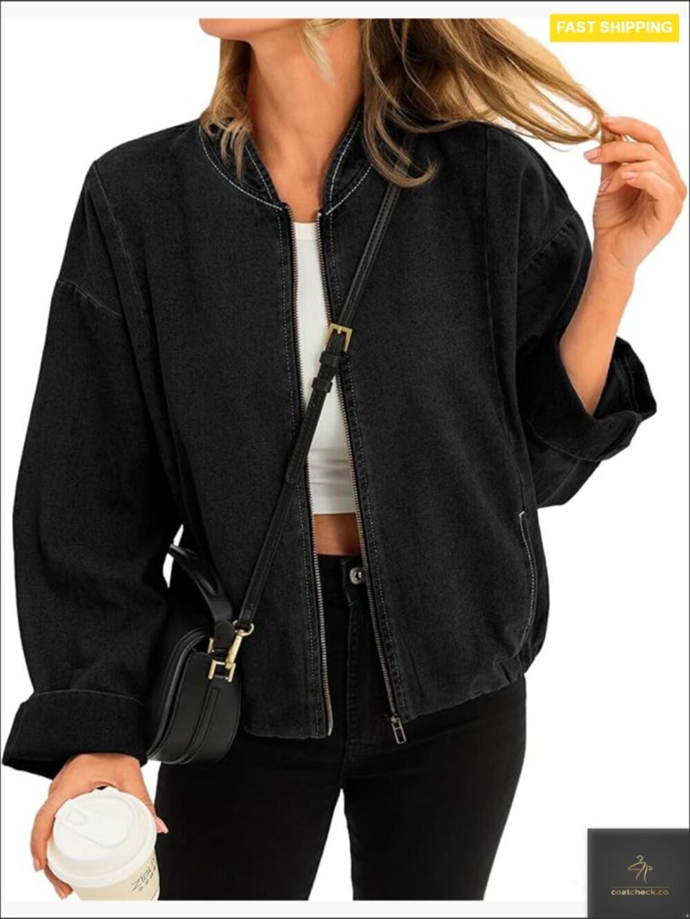 Denim Bomber Jacket Lightweight Zip Up Casual Shacket Retro Y2K Outerwear